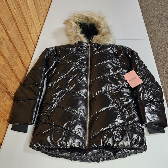 Juicy Couture Other - NWT Juicy Couture Kids Puffer Jacket Girls M 10/12 Shiny Black Faux Fur Hooded